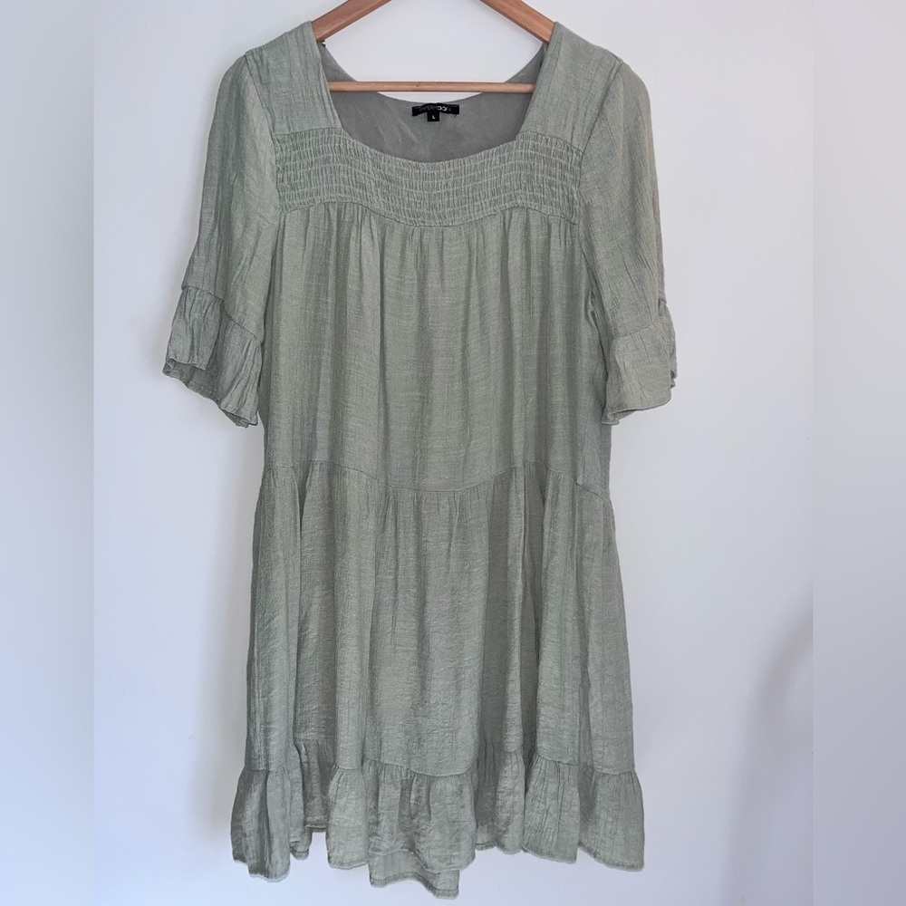 Light Sage Square Neck Tiered Dress